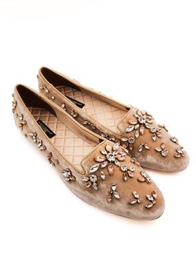 Dolce & Gabbana Velvet Crystal Studded Floral Loafers Flats EU 39